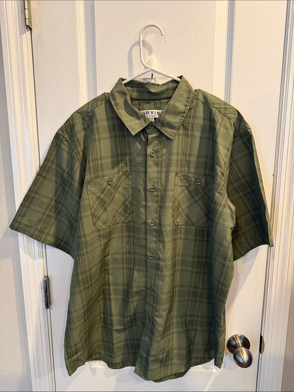 Orvis Olive Green Plaid Short Sleeve Button-Down Shirt